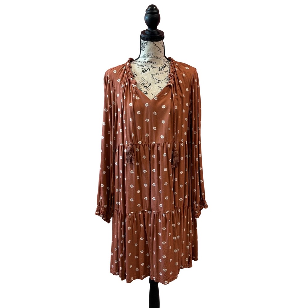 Dip Womens Rust Brown Daisy Floral Tiered Boho Mini Dress XL Long Sleeve‎ Tassel